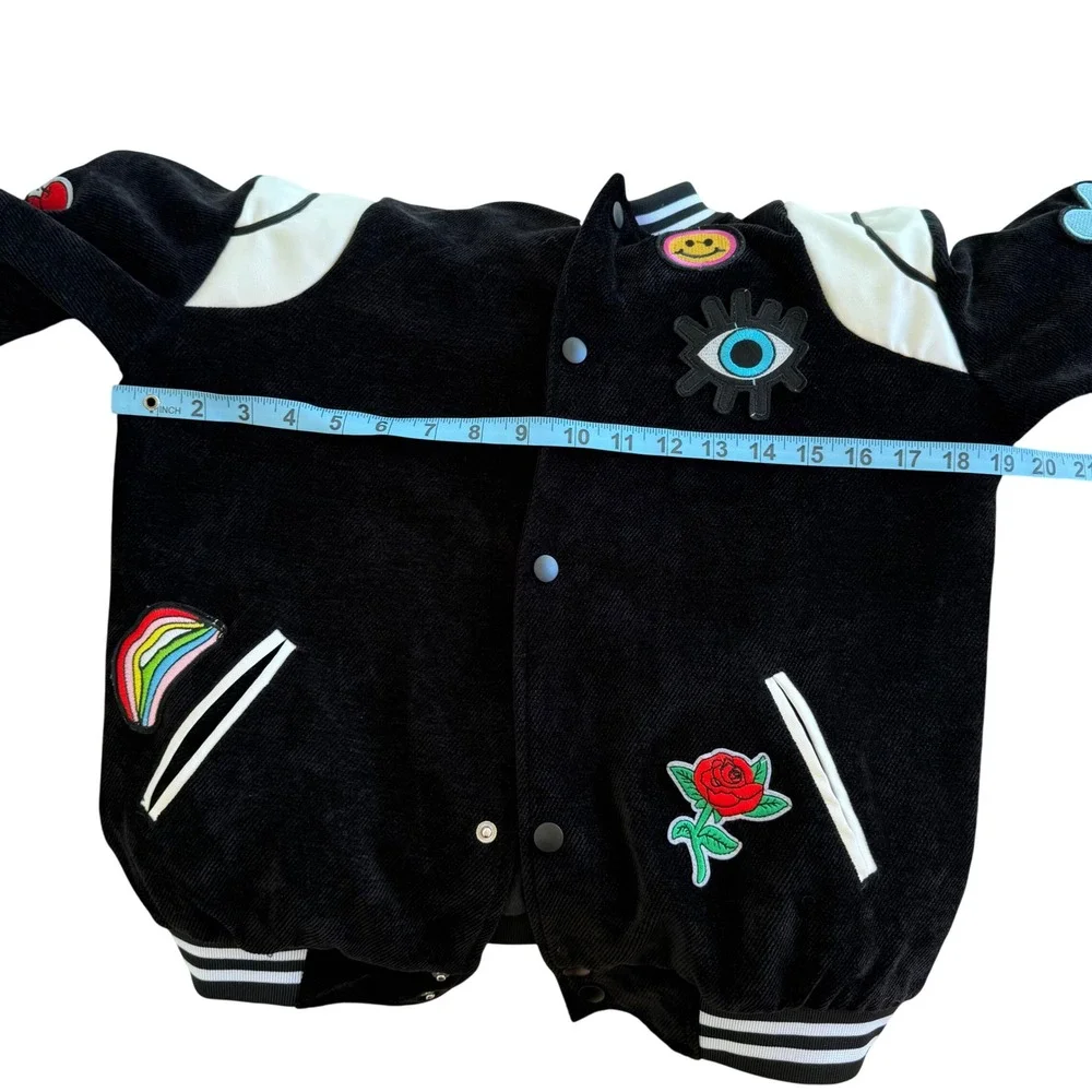 Lola + The Boys Girls Black Corduroy Varsity Jacket Multi Patch Bomber Size 12